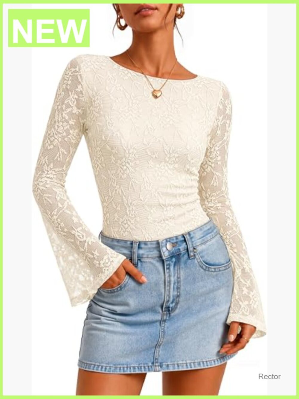 Women's Floral Lace Long Sleeve Boat Neck Bell Sleeve Slim Fit Ruched Blouse